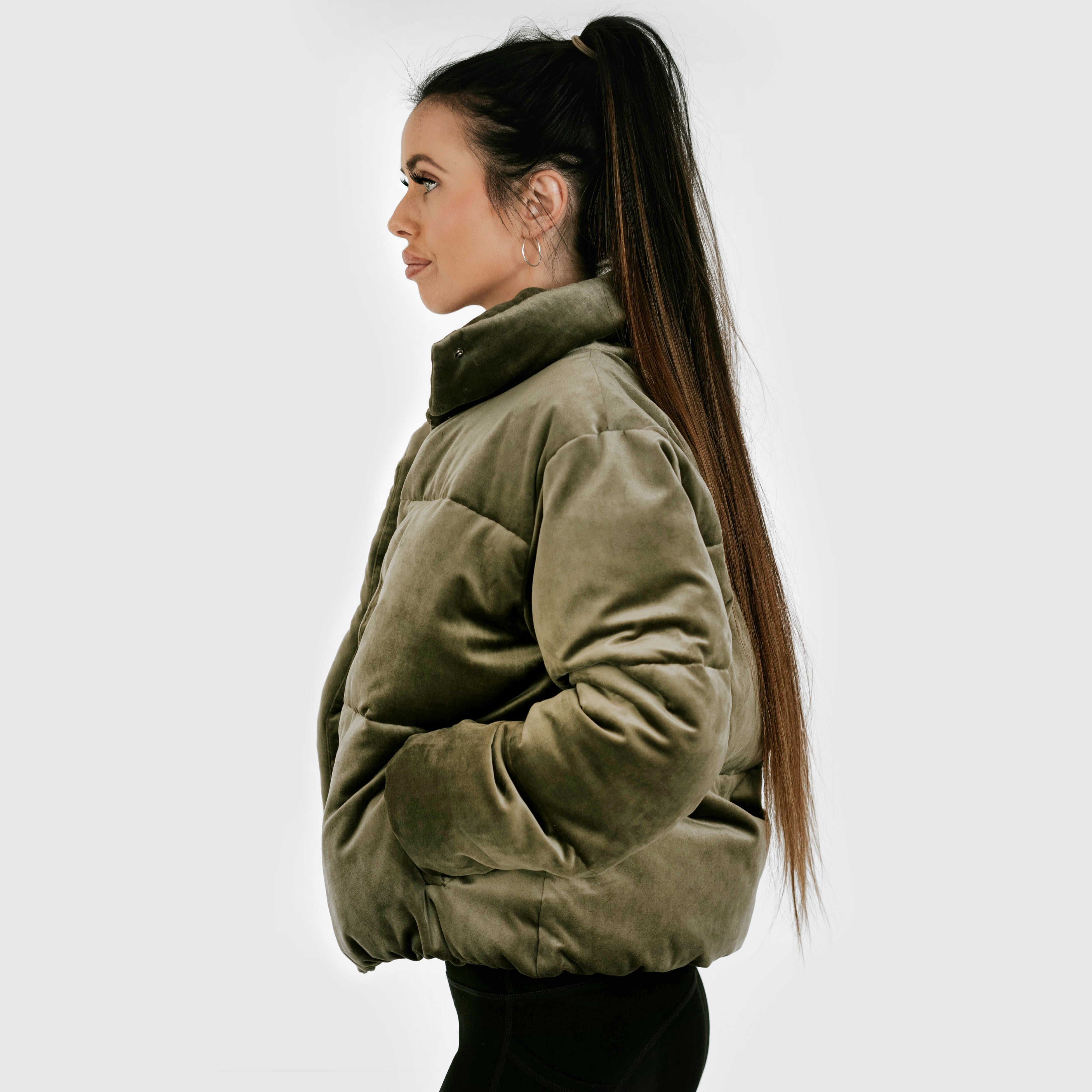 Velvet puff jacket - olive (6278623396007)